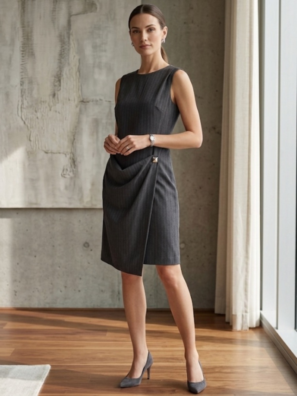 NWT DKNY Grey Pinstripe Asymmetrical Draped Sleeveless Dress Size 10